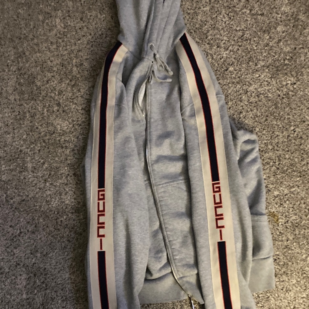 Light Gray Zip Hoodie with Striped Side Tape gucci